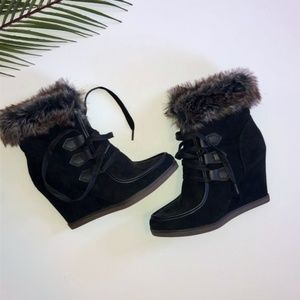 Merona Faux Suede Wedge Booties w/ Fur Trim - Blac